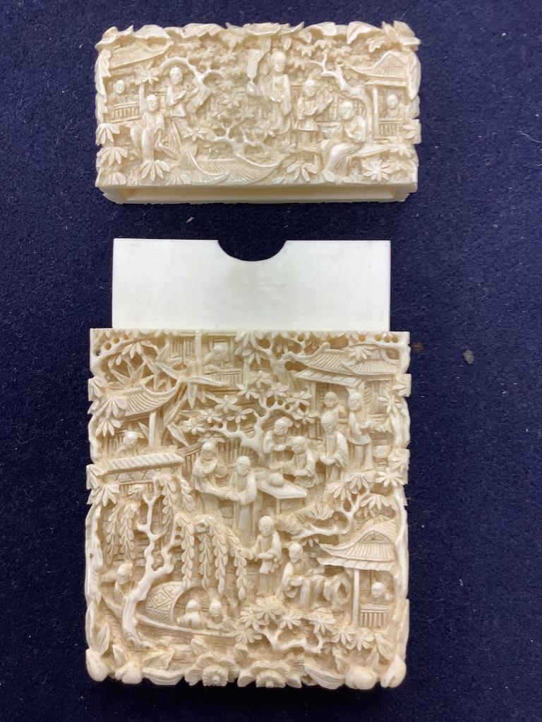 A 19th century Chinese export ivory case, in original brocade covered case stamped 'Luenchun', 11 x 7cm